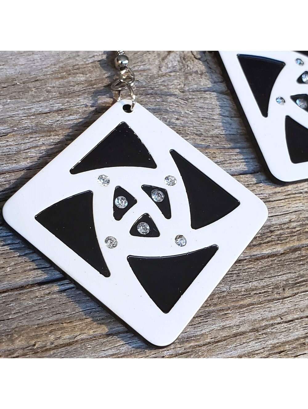 Vintage Y2K White Black Lucite Austrian Crystal Large Diamond Rhombus Earrings - Picture 2 of 10